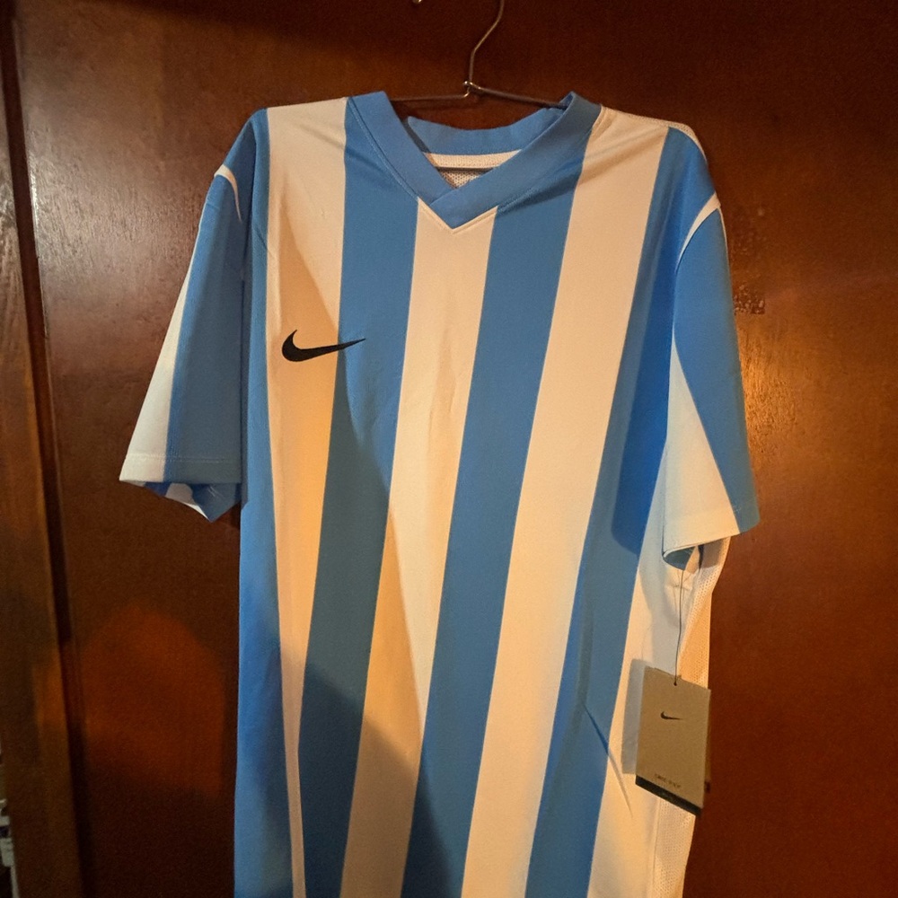 Nike Blue and White Striped soccer Jersey Mens Large